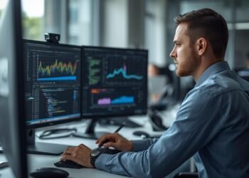 Data scientist analyzing data and working with charts and code on multiple screens in a modern office