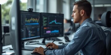 Data scientist analyzing data and working with charts and code on multiple screens in a modern office