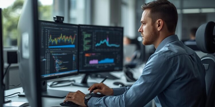 Data scientist analyzing data and working with charts and code on multiple screens in a modern office