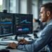 Data scientist analyzing data and working with charts and code on multiple screens in a modern office