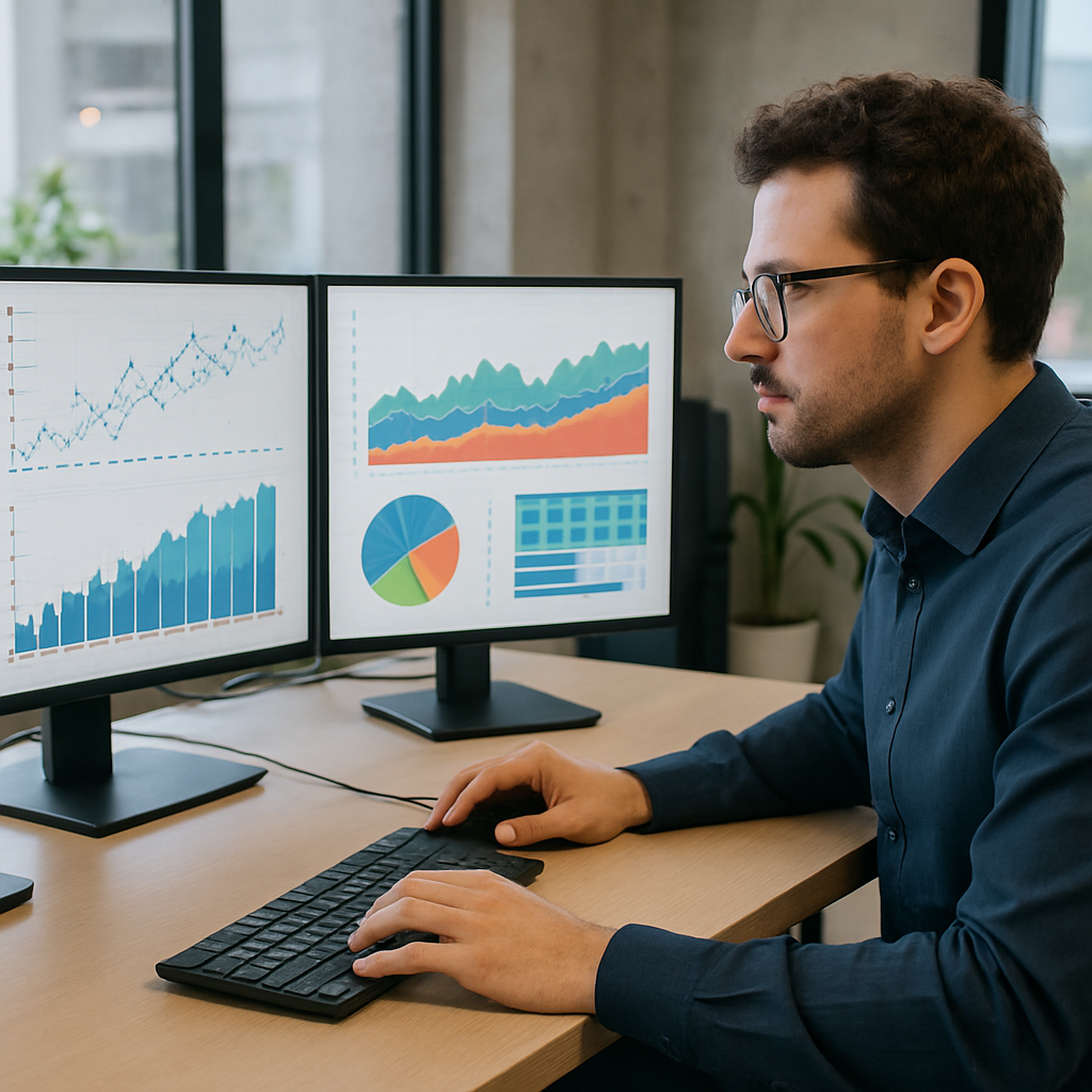 Data scientist analyzing charts and data visualizations on multiple monitors in a modern office