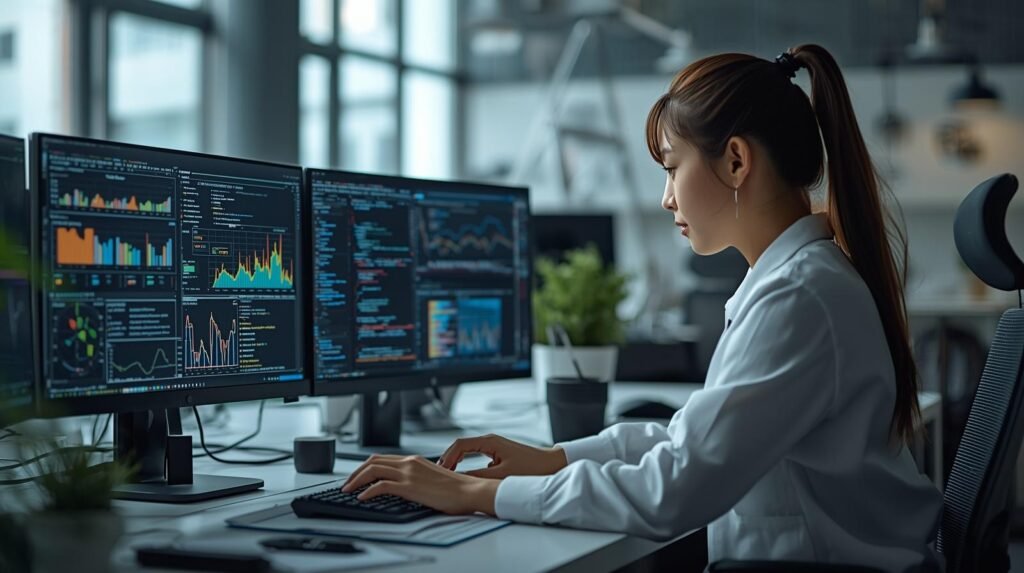 Data scientist performing duties like data analysis, coding, and reviewing dashboards in a modern office
