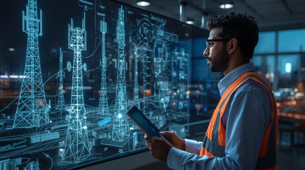 Telecom engineer planning 5G deployment strategies using network maps and infrastructure layouts in a smart city environment