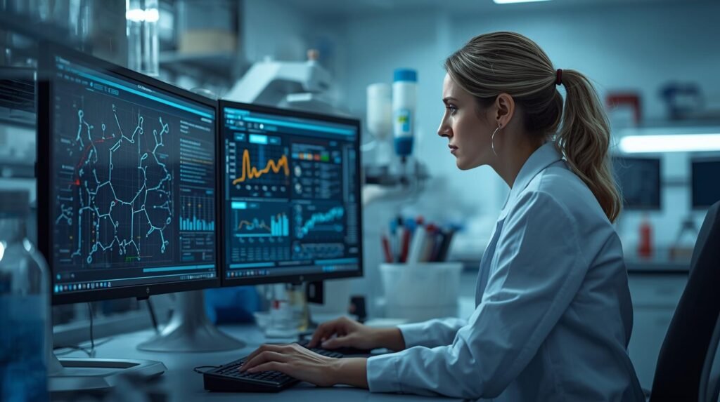 Pharmaceutical researcher using AI to analyze drug research data and molecular structures in a modern laboratory