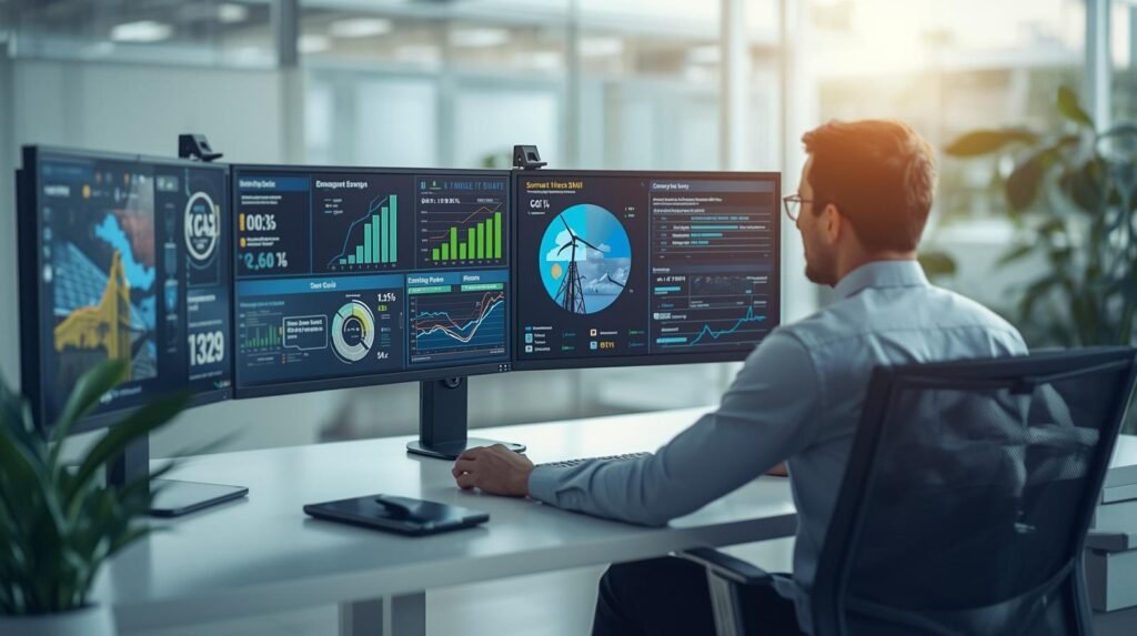 Real person monitoring energy management system with dashboards showing energy usage and smart grid data in a modern workplace