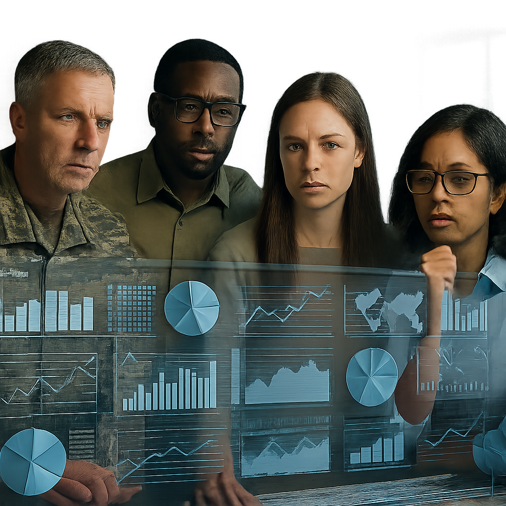 Security analysts reviewing data dashboards and AI insights in a modern operations center for national security decision-making