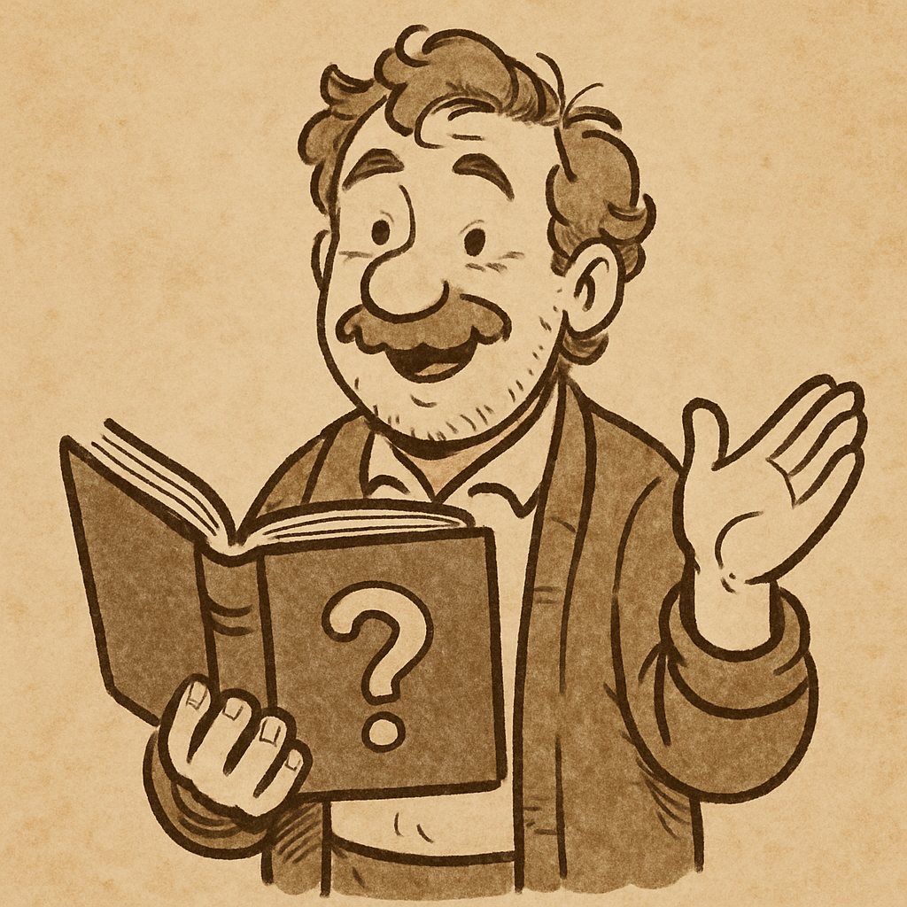 Illustration of a man reading a book with a question mark, representing AI understanding, curiosity, and fact-checking concepts