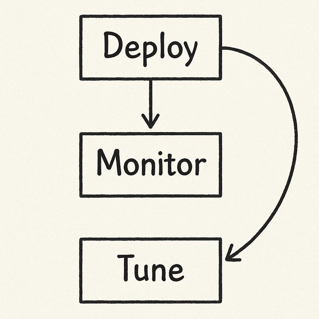 AI model lifecycle diagram showing deploy, monitor, and tune process in machine learning workflow