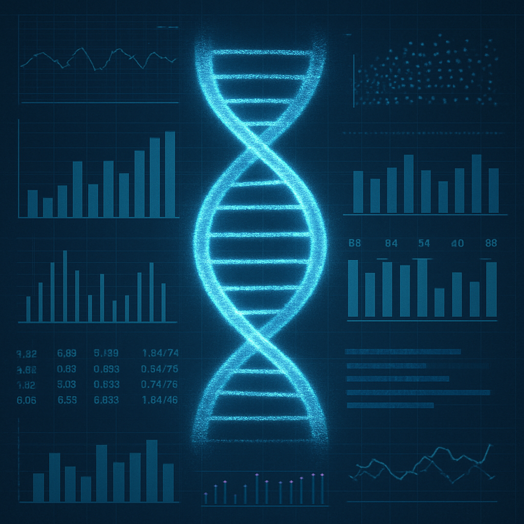 Digital DNA helix with data analytics charts representing genetic data privacy and future regulations