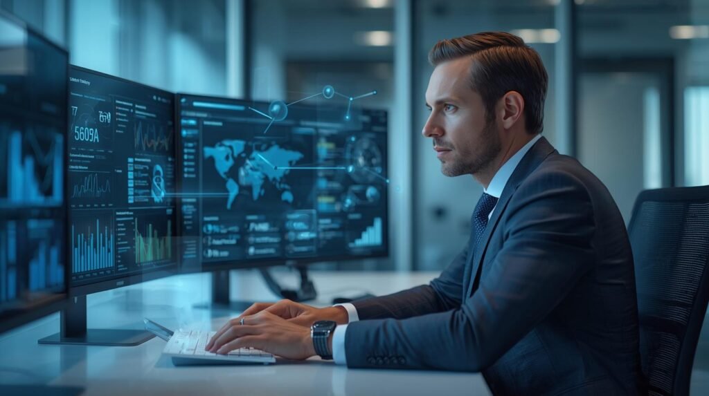 Data privacy expert analyzing future regulations and global data protection trends in a modern professional workspace