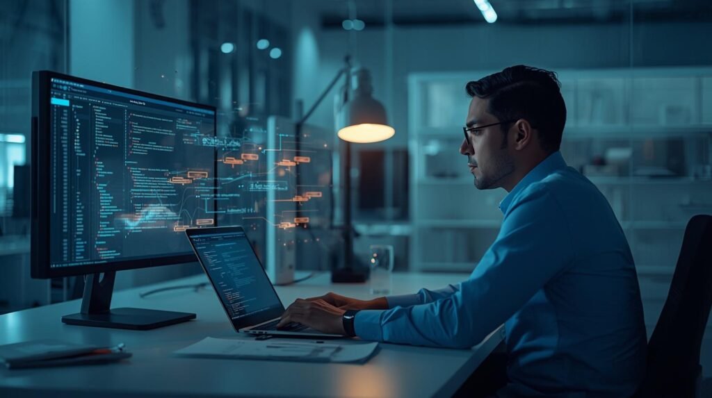 Developer working with GPT API models using laptop and data interface visuals in a modern workspace