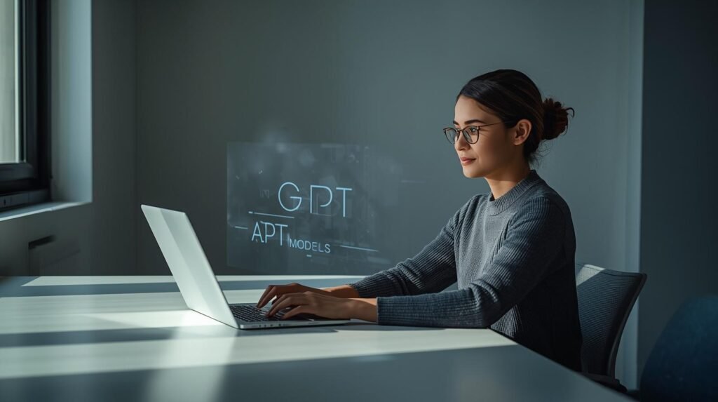 Professional working on a laptop with AI-generated text visuals representing GPT models in a modern workspace