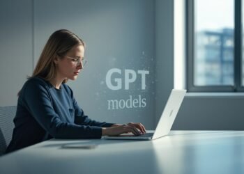 Professional working on a laptop with AI-generated text visuals representing GPT models in a modern workspace