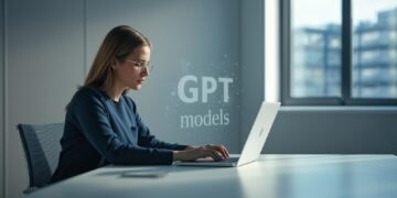 Professional working on a laptop with AI-generated text visuals representing GPT models in a modern workspace
