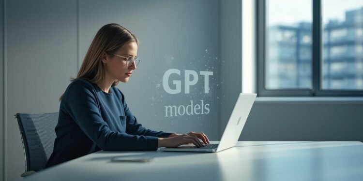 Professional working on a laptop with AI-generated text visuals representing GPT models in a modern workspace