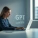 Professional working on a laptop with AI-generated text visuals representing GPT models in a modern workspace