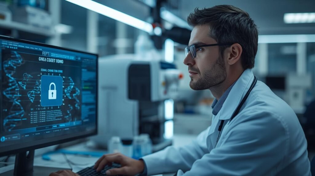 Genetic researcher analyzing DNA data with secure privacy protection systems in a modern laboratory environment