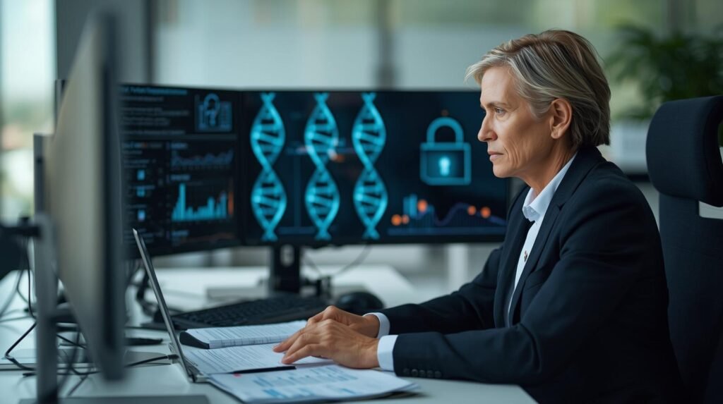 Compliance expert reviewing genetic privacy regulations and data protection policies in a modern office environment