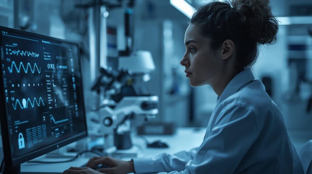 Genetic researcher analyzing DNA data with secure privacy protection systems in a modern laboratory environment