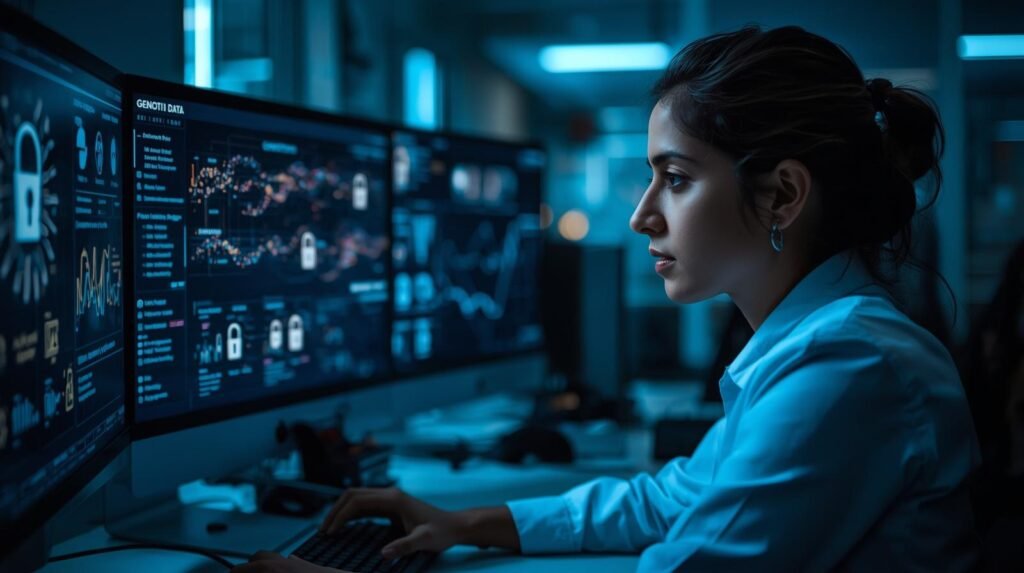 Genetic data analyst monitoring genomic data security and encrypted DNA information in a modern laboratory environment