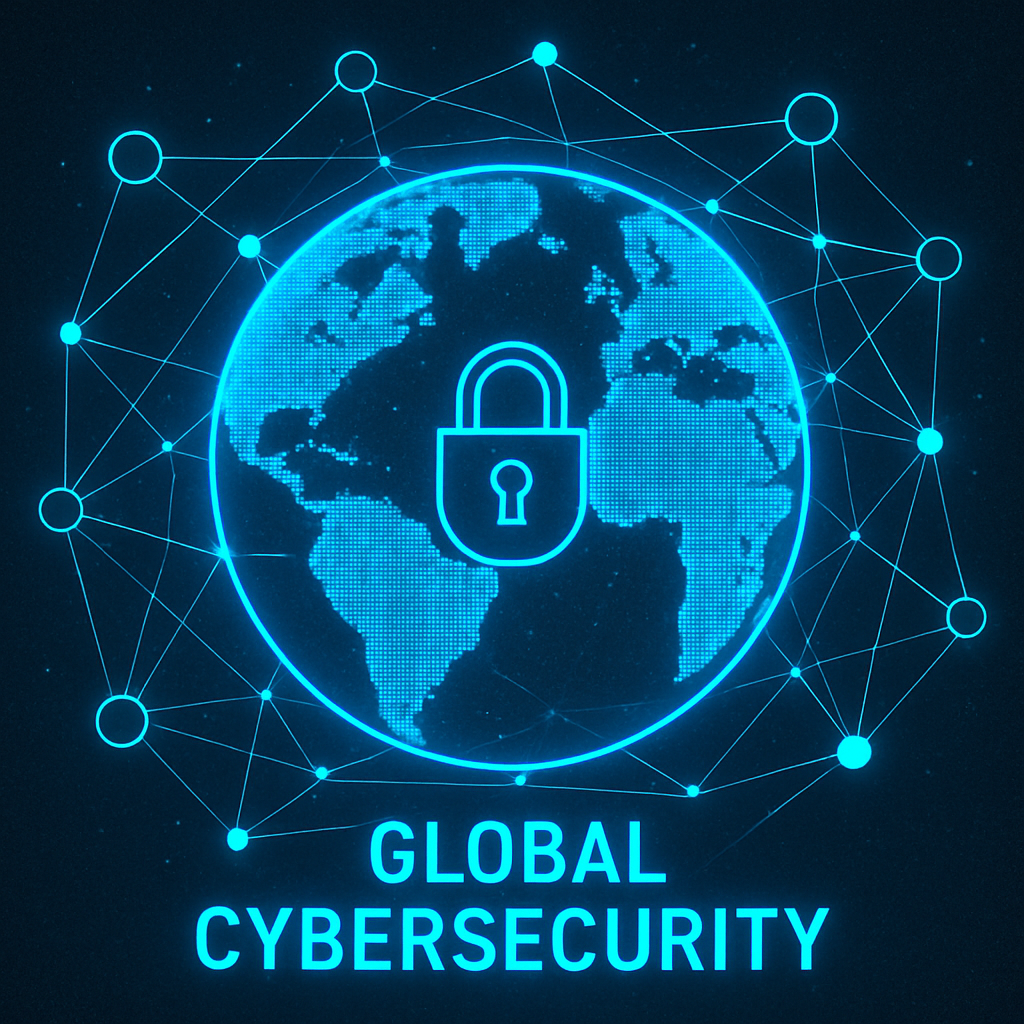 Global cybersecurity network with digital connections and lock icon representing international data protection