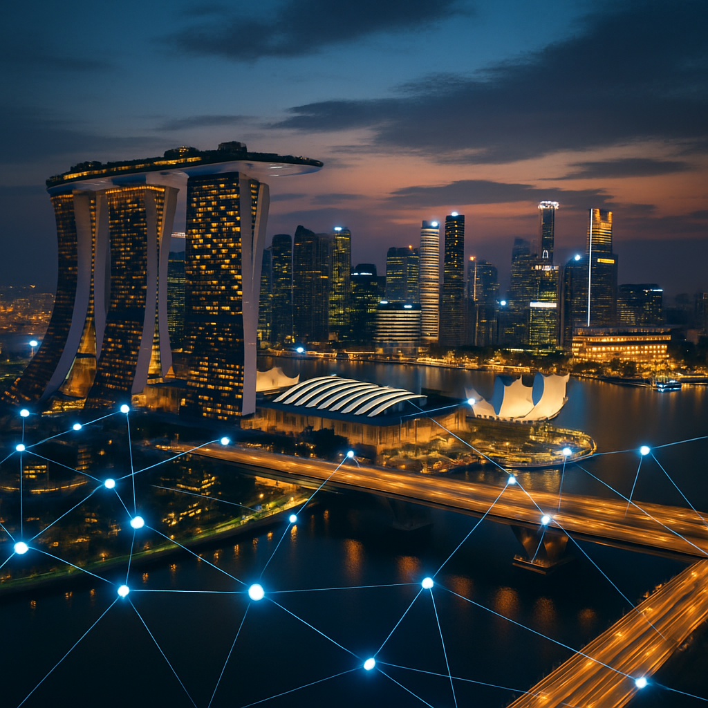 Singapore smart city skyline at night with connected network technology and digital infrastructure