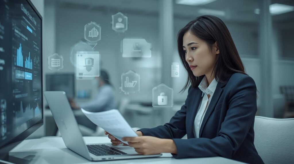 Healthcare professional reviewing data privacy laws and compliance documents in a modern hospital or office environment