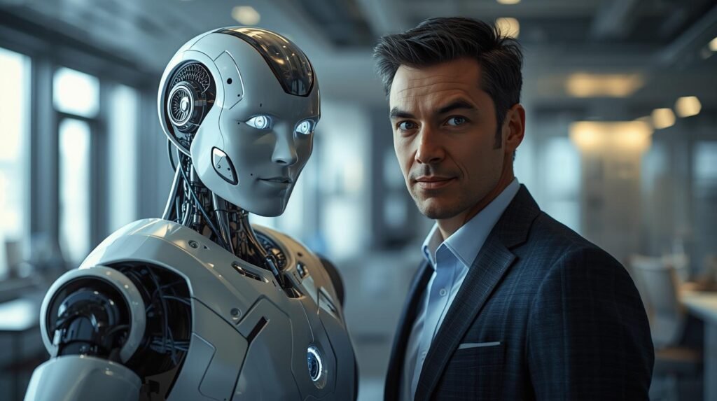 Real person collaborating with a humanoid robot in a modern workplace representing advanced robotics and human-like AI