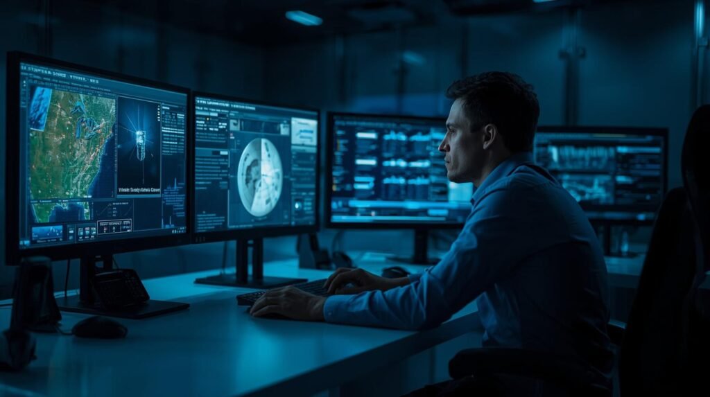 Analyst monitoring AI-driven surveillance and reconnaissance data in a modern intelligence operations center