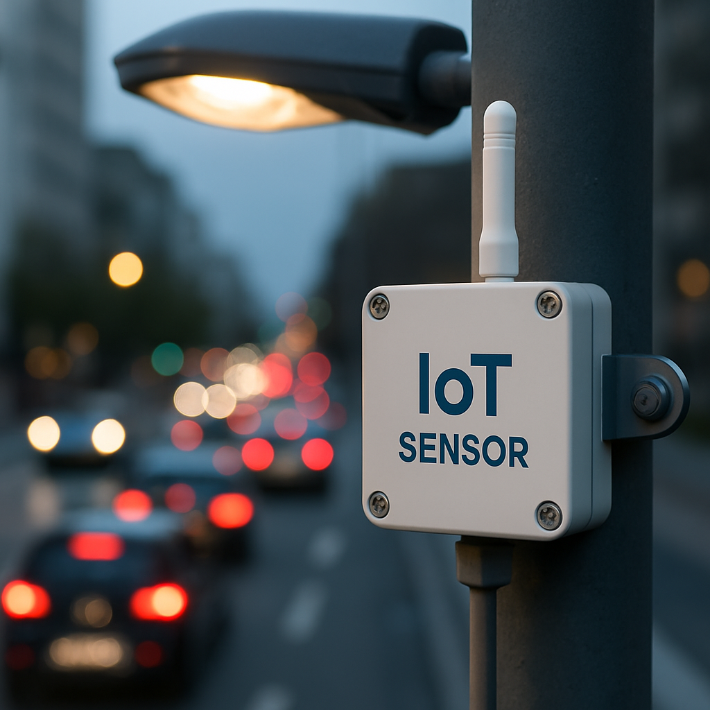 IoT sensor installed on a street light monitoring smart city traffic and environmental data