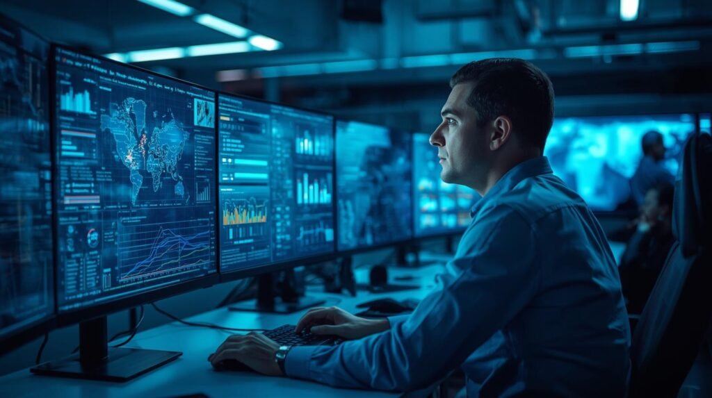 Telecom professional analyzing key strategies for successful 5G deployment using network dashboards in a modern control room