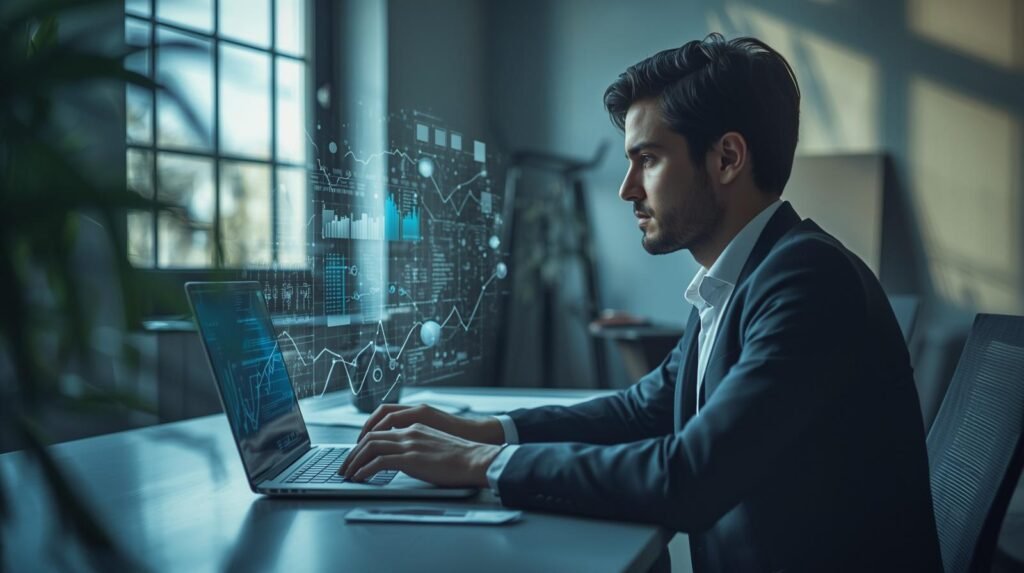 Professional analyzing data with visual graphs representing machine learning models in a modern workspace