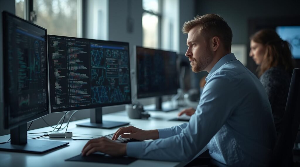 Machine learning engineer working in a modern office with screens showing code and data models