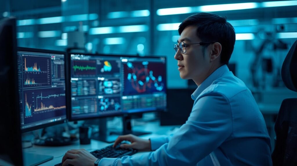 Pharmaceutical data scientist using machine learning models to analyze drug data and improve pharmaceutical research in a modern lab