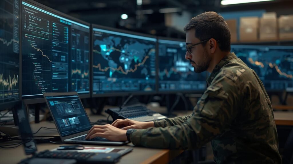 Logistics professional managing AI-powered supply and transport operations in a modern command center