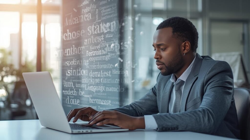 Professional analyzing text with visual language elements representing natural language processing in a modern workspace