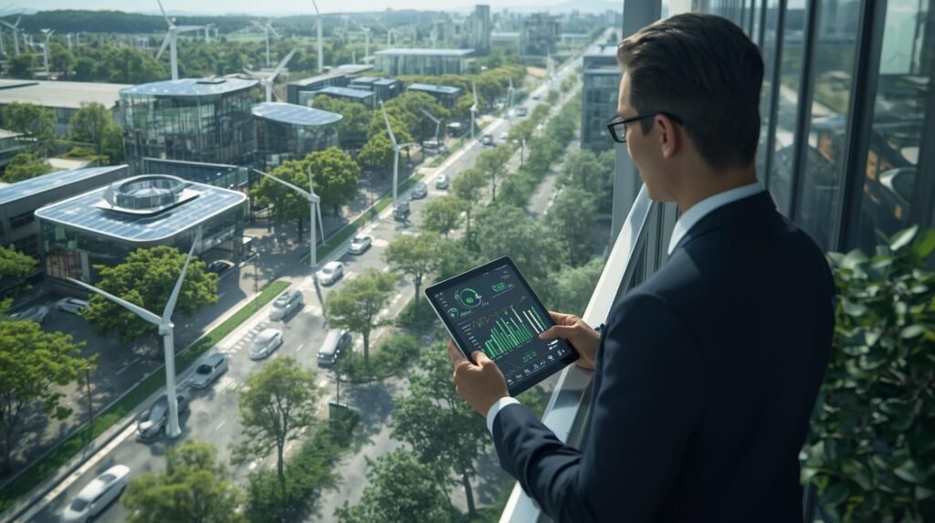 Real person monitoring environmental data in a net zero carbon smart city with green buildings and renewable energy systems