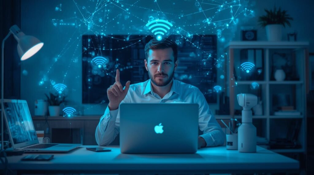 Tech professional using next-gen Wi-Fi with multiple connected smart devices in a modern home or office environment
