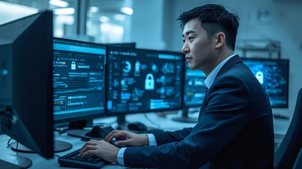 Healthcare IT professional monitoring patient data protection systems and secure medical records in a modern workplace