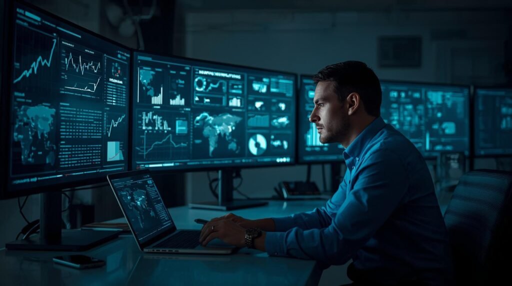 Analyst using predictive analytics dashboards to forecast risks in a modern security operations environment
