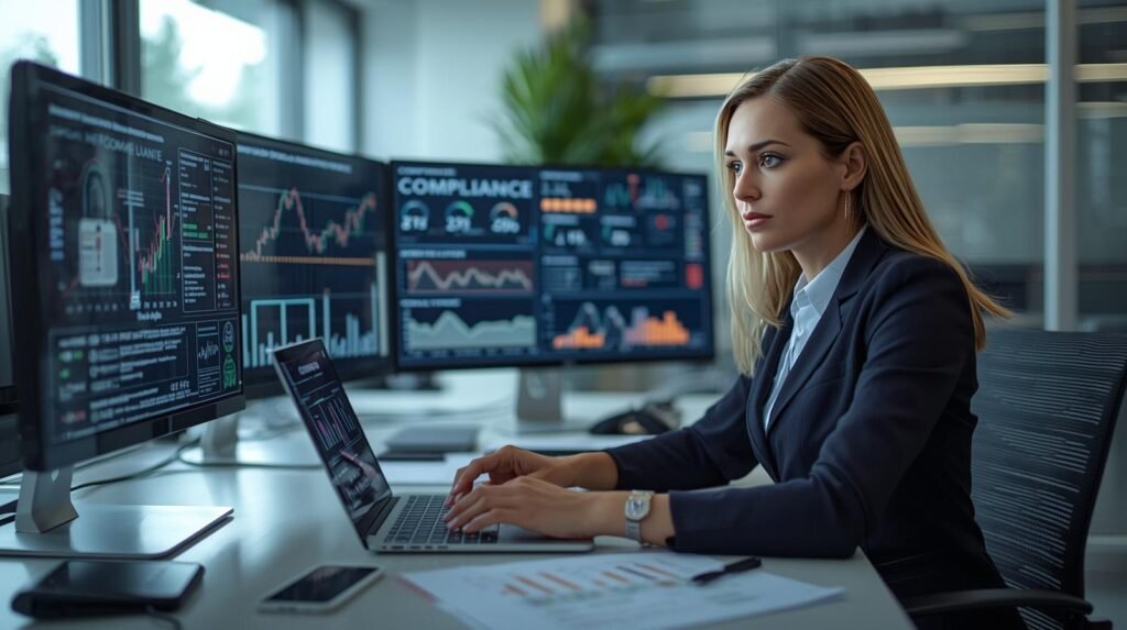 Compliance officer reviewing regulatory compliance reports and audit data in a modern corporate office environment