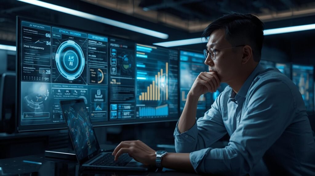 Professional reviewing ethical AI systems in a defense technology workspace representing responsible AI in national security