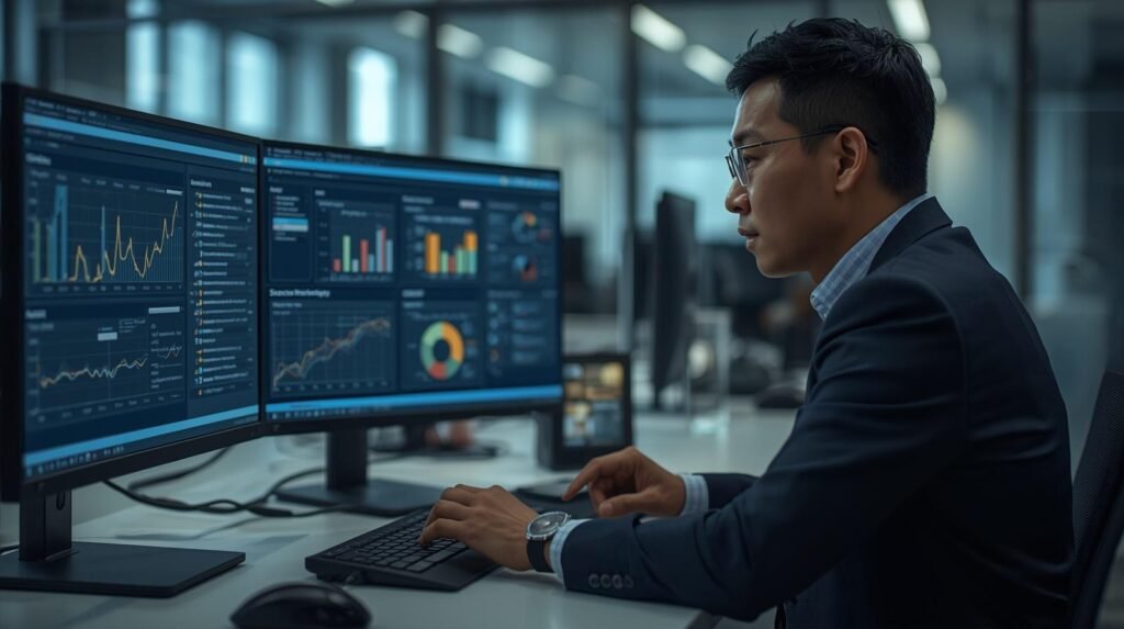 Risk management professional analyzing business risk data and dashboards in a modern corporate office environment