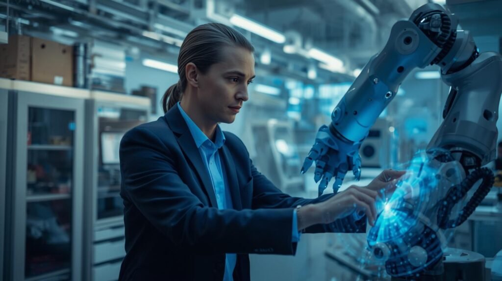 Professional interacting with advanced robotic technology and systems in a modern workplace environment