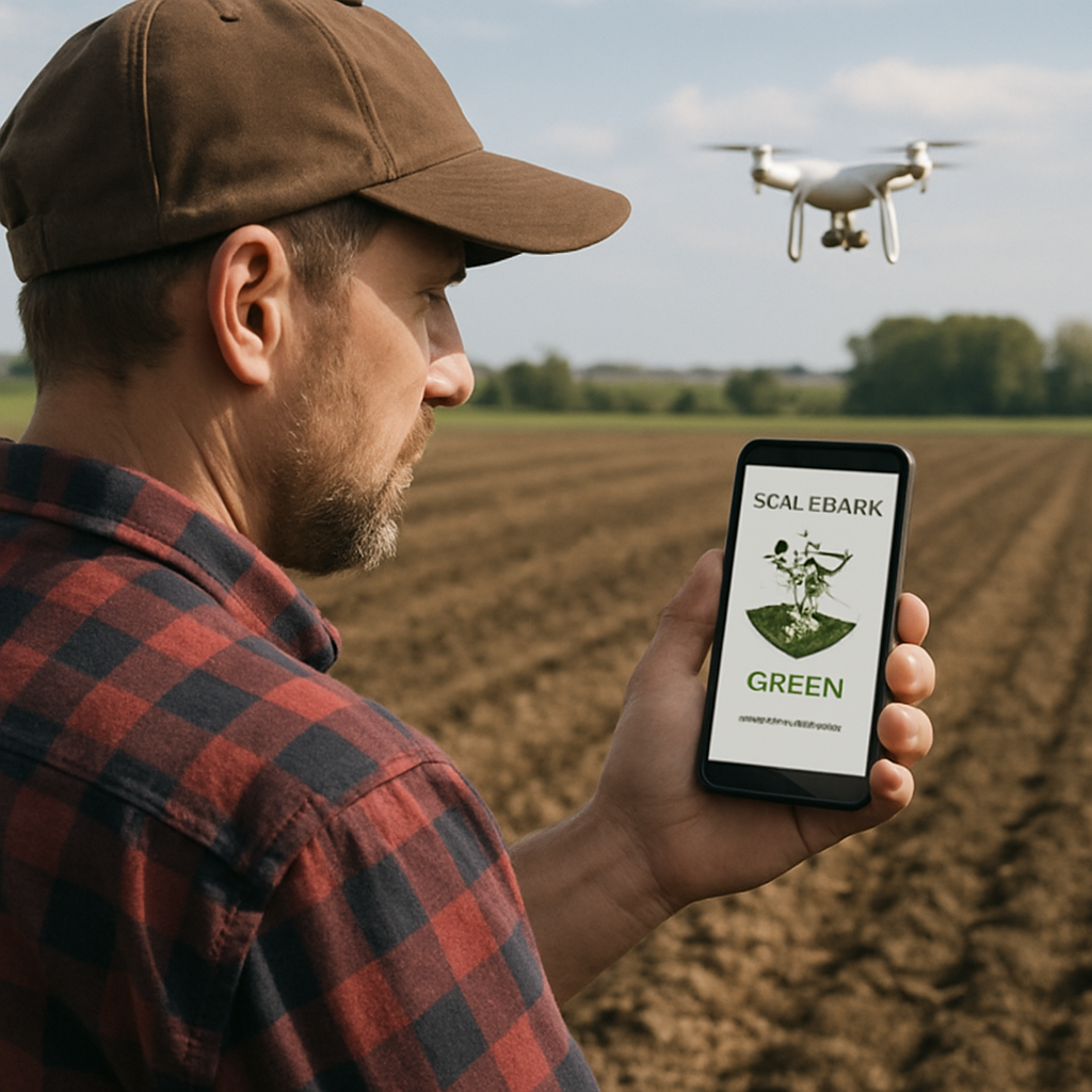 Farmer using smartphone with AI app while drone monitors crops in agricultural field