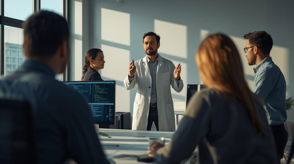 Senior data scientist leading a team and presenting data insights in a modern office with analytics dashboards