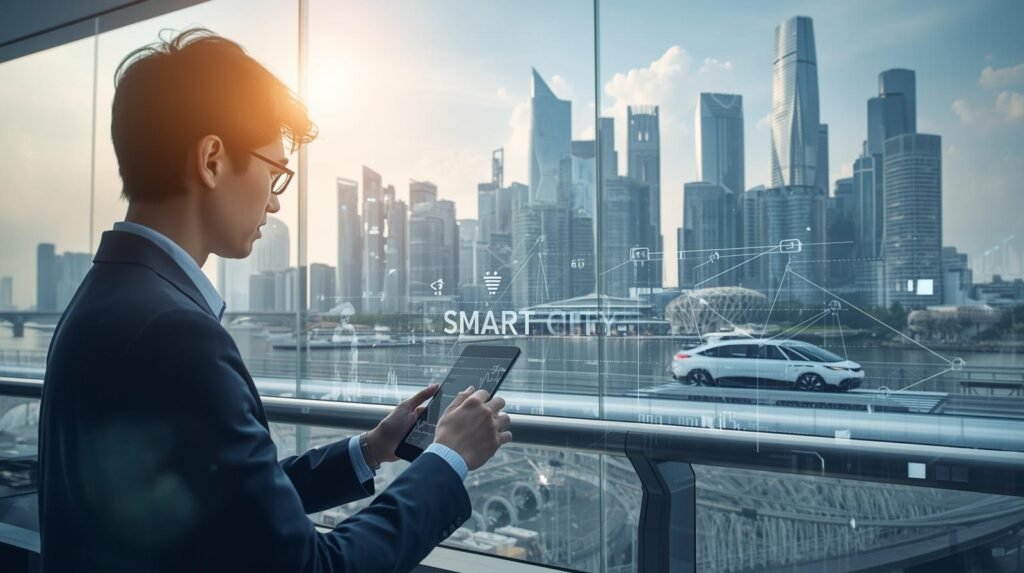 Real person interacting with smart city technology in Singapore with modern skyline and connected infrastructure
