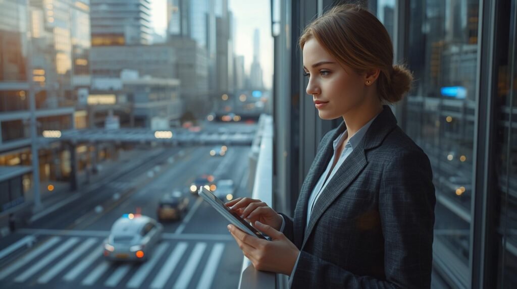 Smart city with modern buildings, IoT technology, and a person managing digital systems in an urban environment