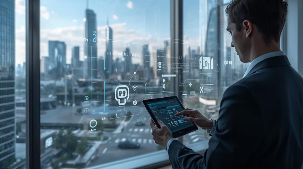 Smart city with modern buildings, IoT technology, and a person managing digital systems in an urban environment