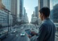Smart city with modern buildings, IoT technology, and a person managing digital systems in an urban environment